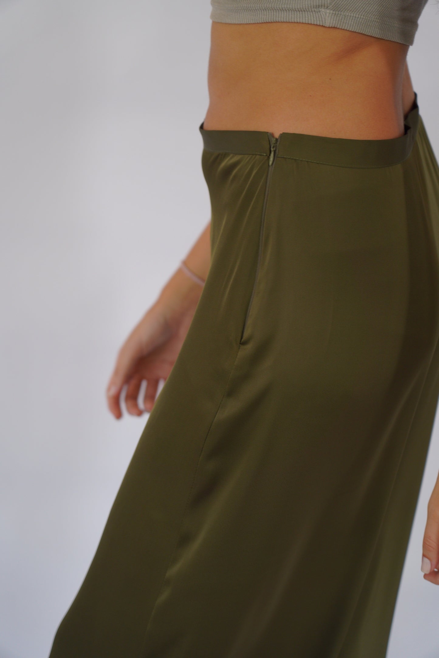 The Maxi Satin Skirt in Khaki