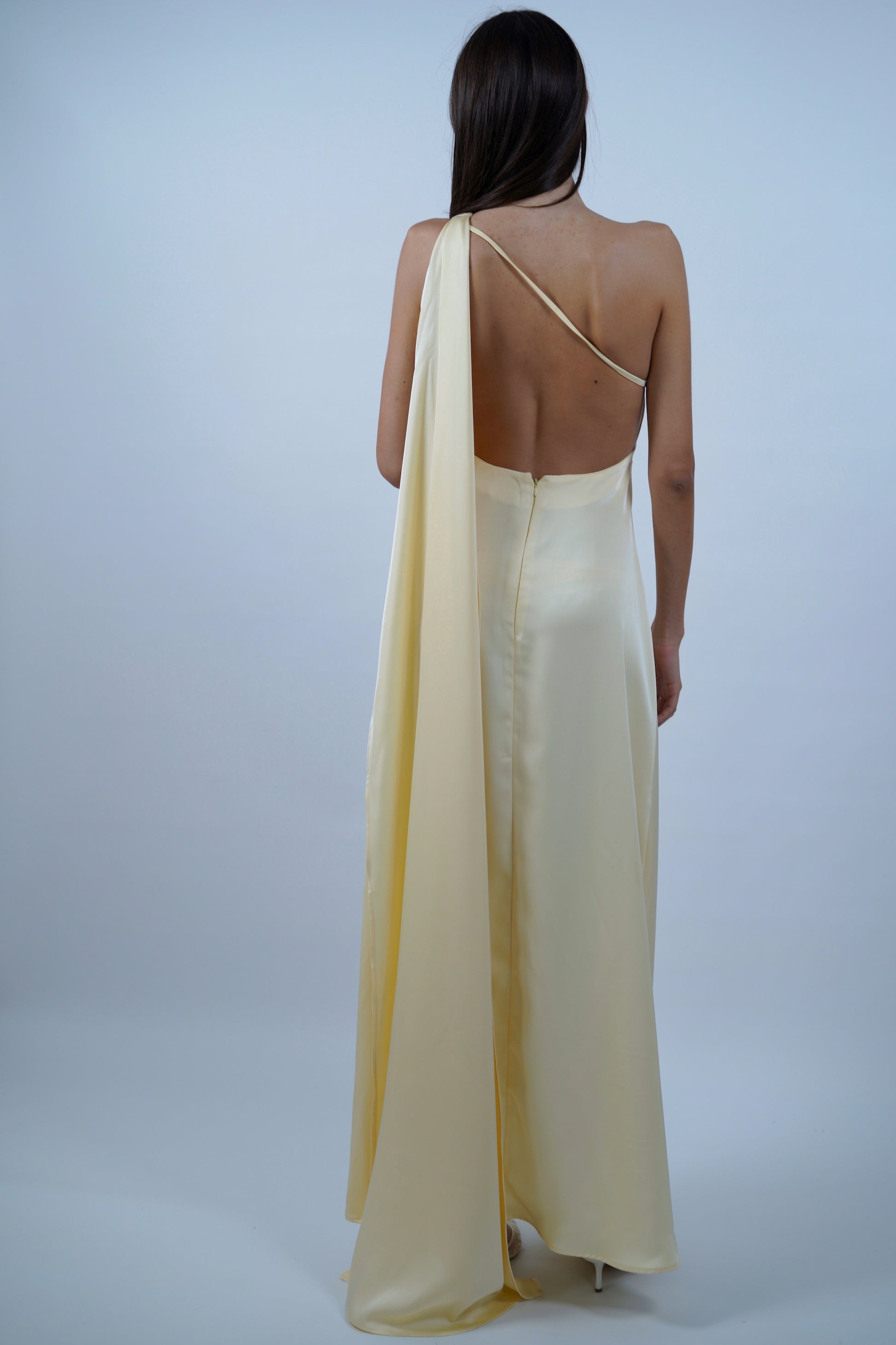 cape dress yellow embroidered crpe featuring chiffon cut cape Silk Cape Maxi Dress in