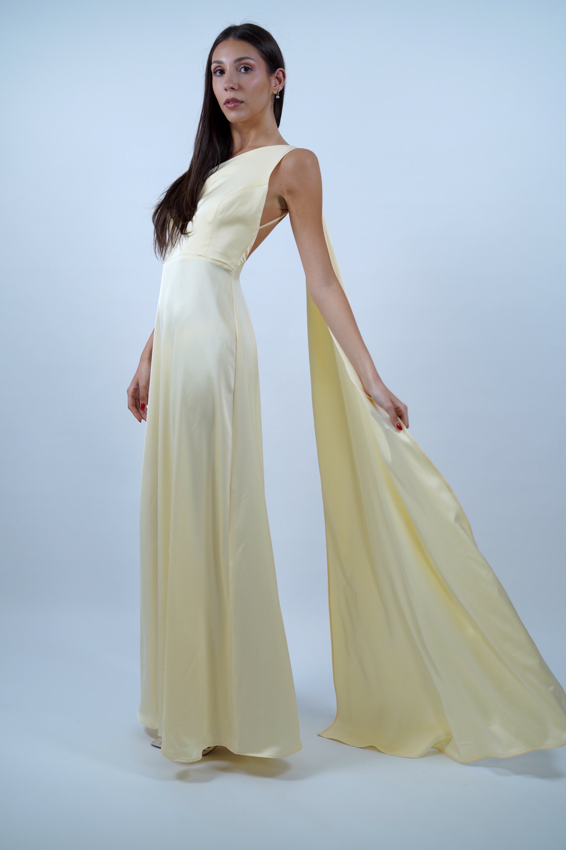 cape dress yellow embroidered crpe featuring chiffon making it ideal for evening events or special occasions Long Lime Yellow Dress with