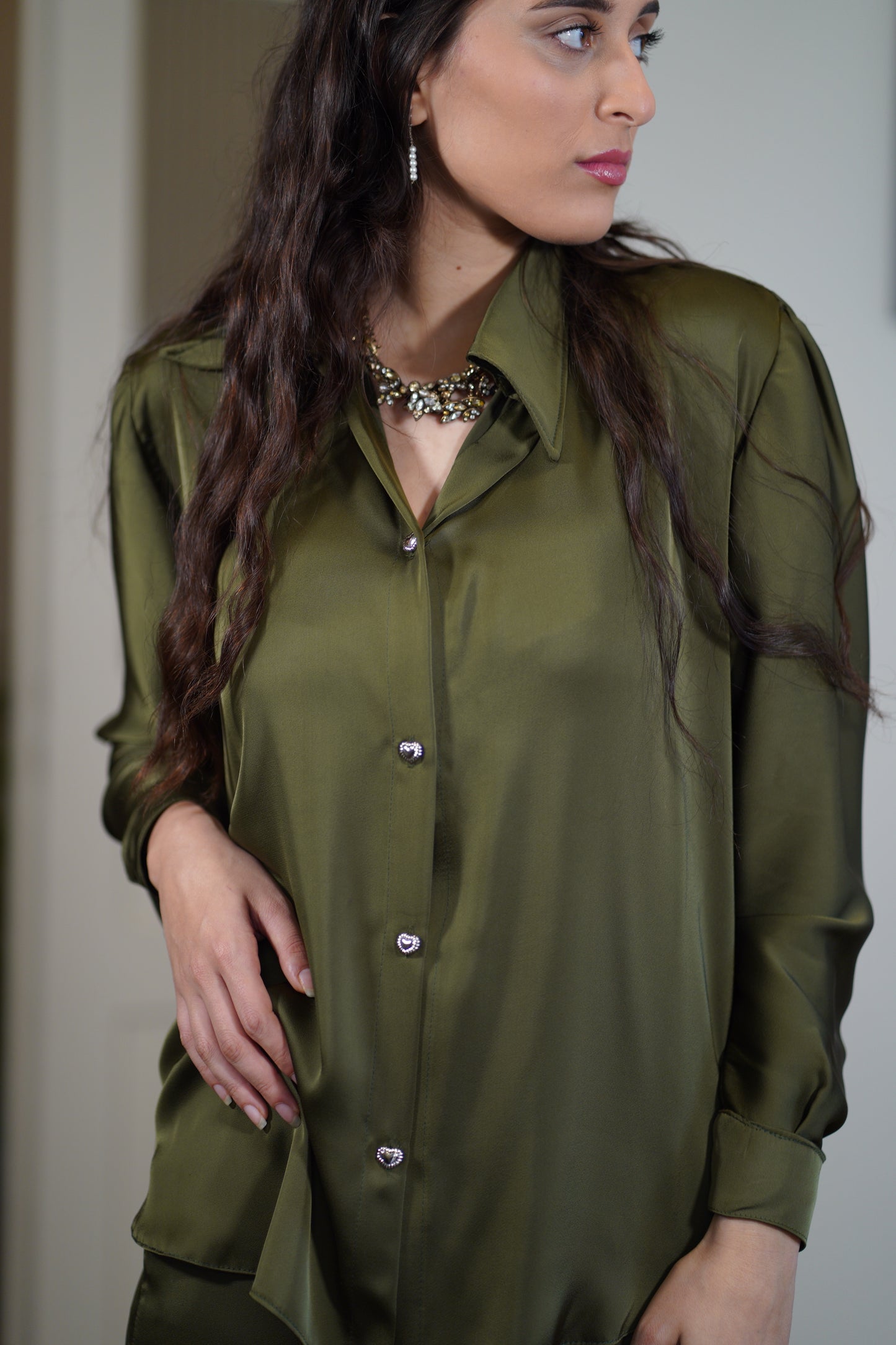 The Satin Button-up in Khaki