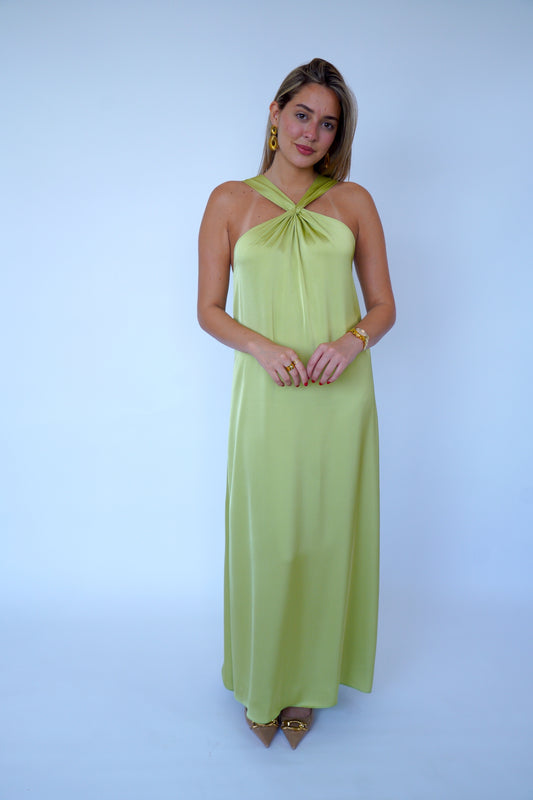 The Maxi Satin Dress in Green Anis